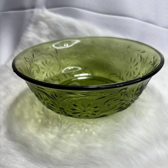 1970s Indiana Glass Company Daisy Pattern Glass Bowl Avocado Green, A Few Nicks - Picture 1 of 5
